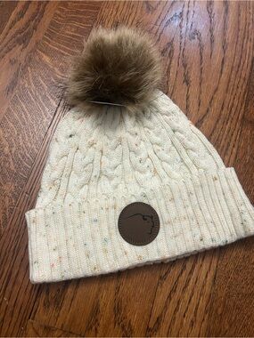 Buffalo Trace speckled Cream Cable Knit Pom Beanie with Brown Faux Fur Pom